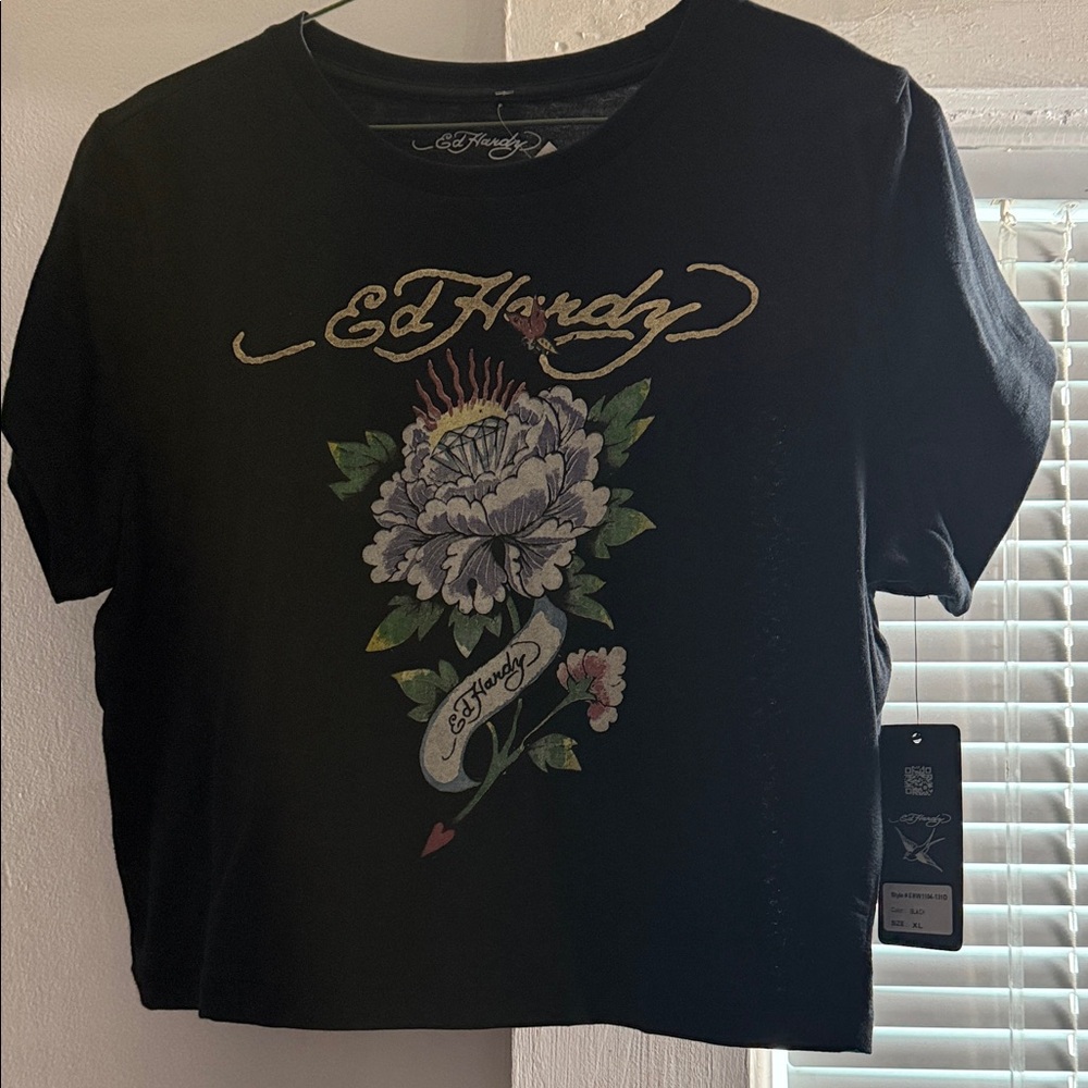 Ed Hardy Black Tee with Floral Design